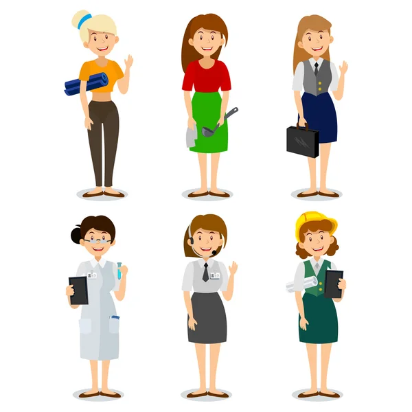 Conjunto de colorida profesión mujer estilo plano iconos ingeniero, un ama de casa, un instructor de yoga, investigador, empresario, consultor por teléfono. Personajes vectoriales de diferentes profesiones — Archivo Imágenes Vectoriales