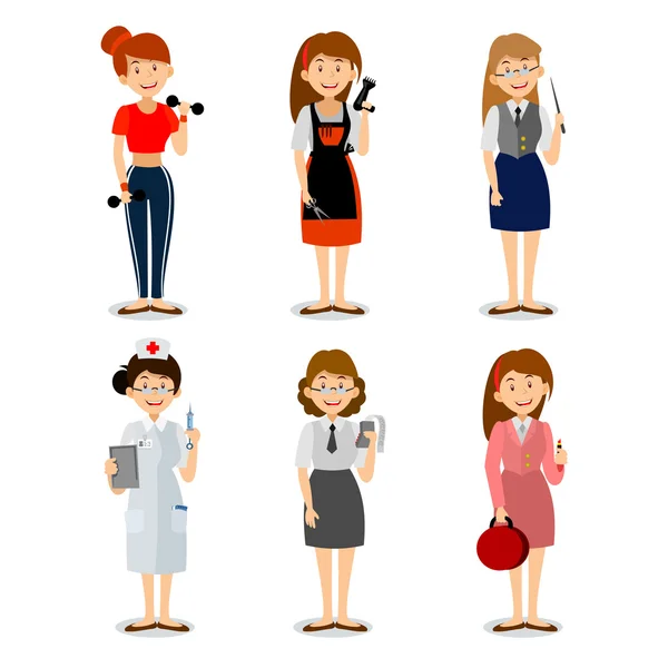 Set of colorful profession woman flat style icons teacher, fitness trainer, the nurse, the seller of cosmetics, hairdresser, accountant,  Vector characters of different professions — Stock vektor