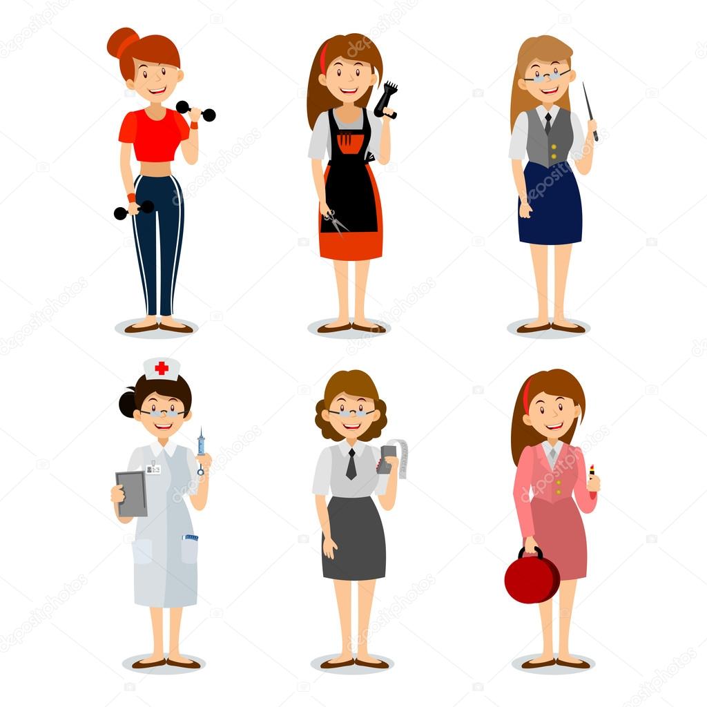 Set of colorful profession woman flat style icons teacher, fitness trainer, the nurse, the seller of cosmetics, hairdresser, accountant,  Vector characters of different professions