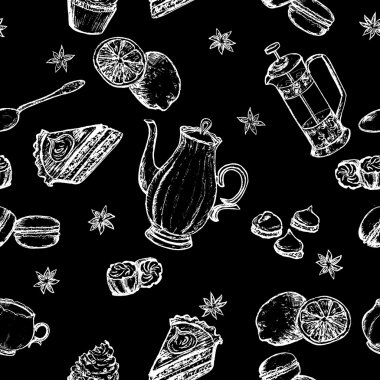 Hand draw tea party vector seamless pattern. Tea background with cakes and some sweets.