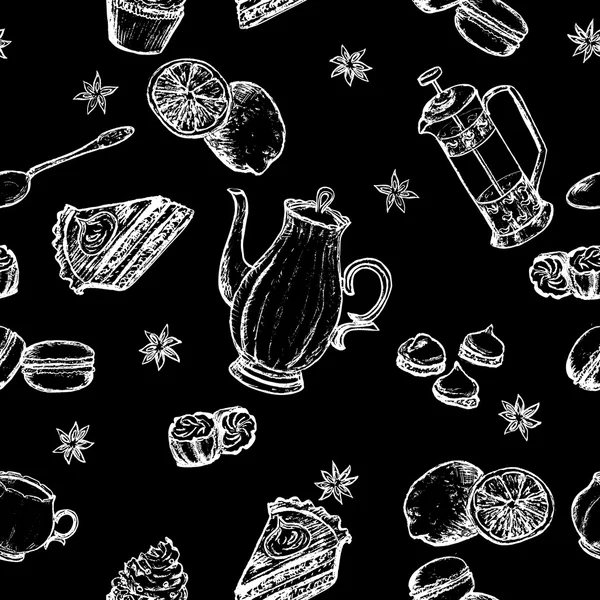Hand draw tea party vector seamless pattern. Tea background with cakes and some sweets. — Stockový vektor