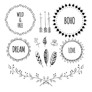 Set of Boho Style Frames and hand drawn elements. Hand drawn sign in boho style with arrows and feathers. Set of Ornamental Boho Style Elements. Vector illustration.