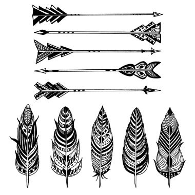 Set of Arrows and feathers on white background. Set of Ornamental Boho Style elements. Vector illustration.