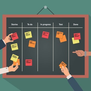 Vector illustration of scrum agile board with flat hand and stickers. clipart
