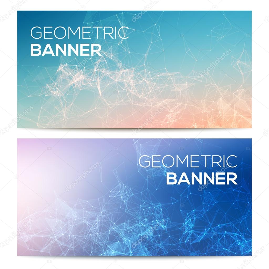 Vector horizontal banners set with polygonal abstract shapes, with circles, lines, triangles. Polygonal banners