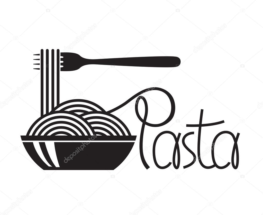 Monochrome illustration of fork and dish with pasta