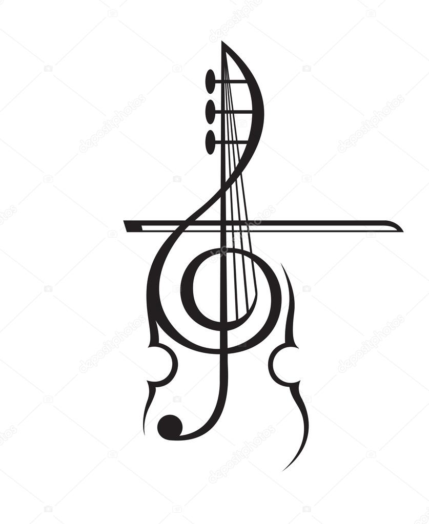 Monochrome illustration of violin and treble clef