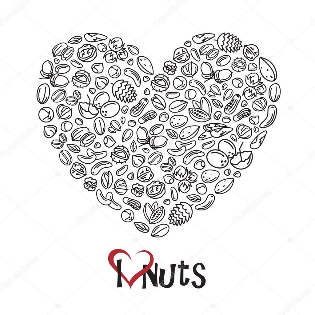 Monochrome illustration of nuts icon as heart