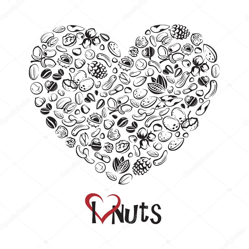 Monochrome illustration of nuts icon as heart