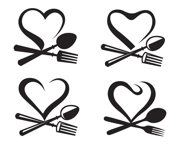 Icônes avec cuillère, fourchette et coeur — Image vectorielle