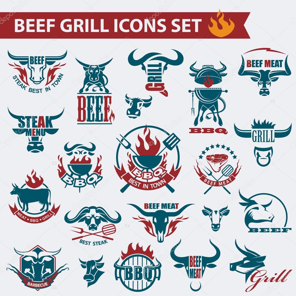 Set of various beef meat icons and elements