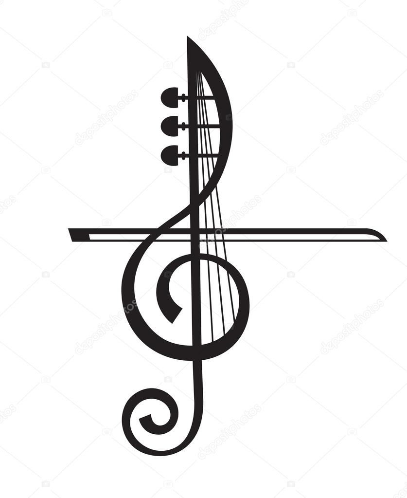 Monochrome illustration of violin and treble clef