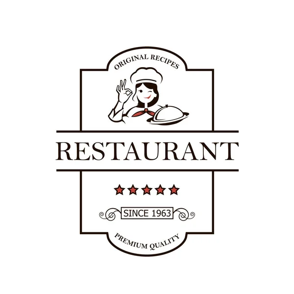 Дизайн Ресторанної Емблеми Шеф Кухарем Жінка Ізольована Білому Тлі — стоковий вектор
