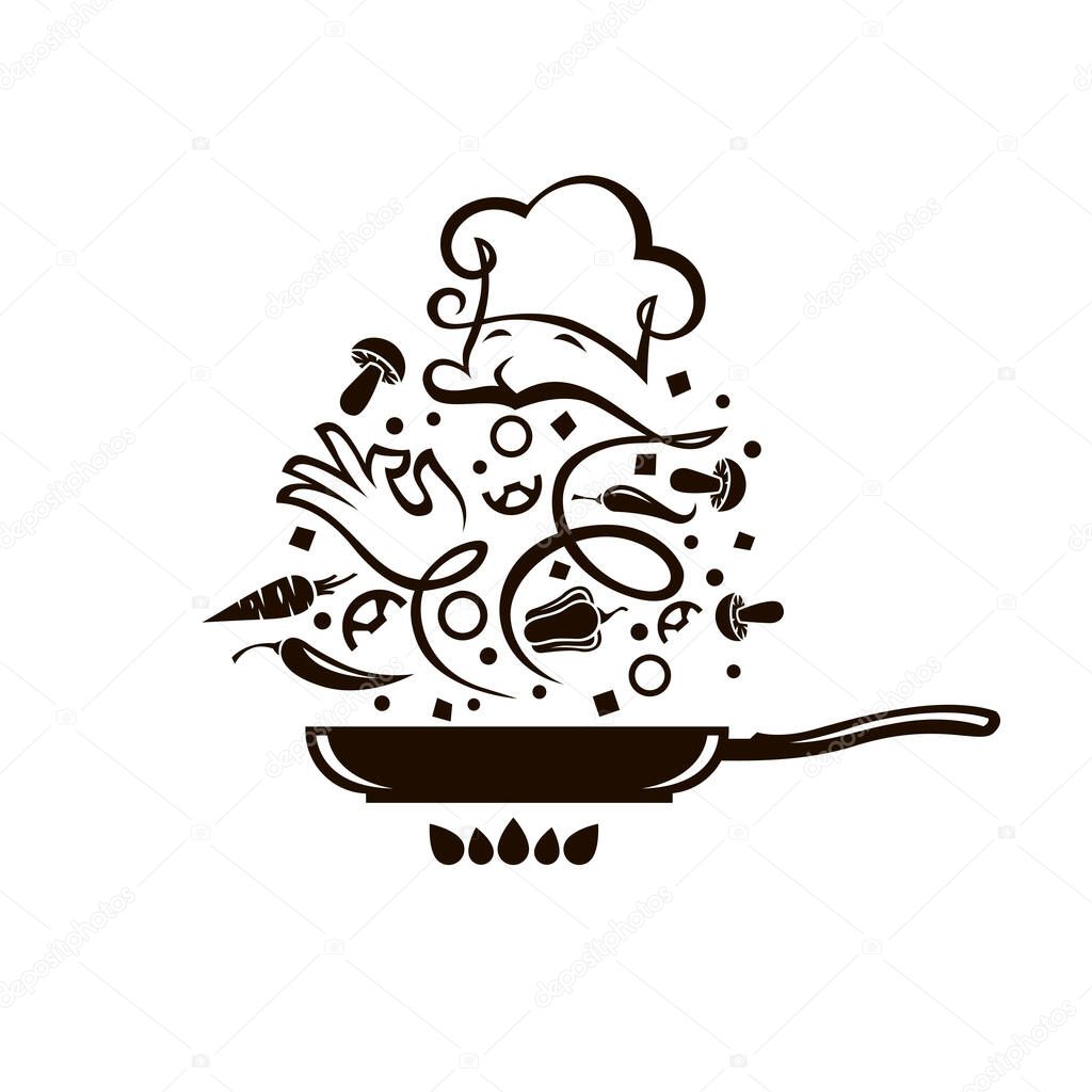 Cooking process of vegetables on pan isolated on white background