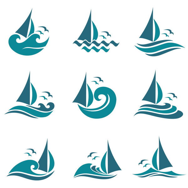 collection of yacht icons with sea waves isolated on white background