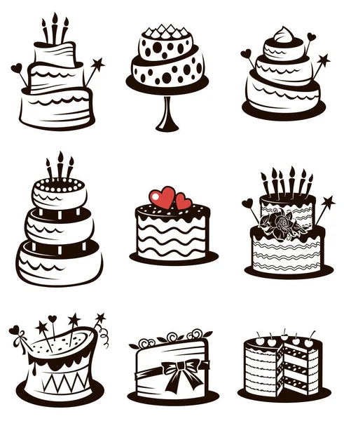 Monochrome Collection Various Cakes Isolated White Background — Stock Vector