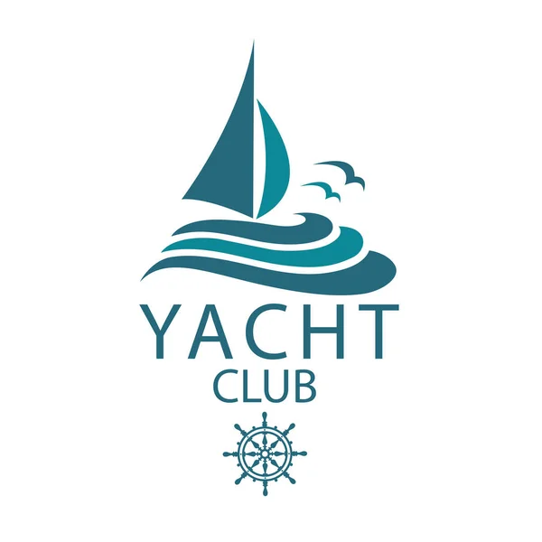 Icone Yacht Con Onde Marine Gabbiani Isolati Sfondo Bianco — Vettoriale Stock