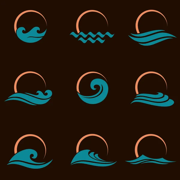 Colección Abstracta Iconos Del Sol Mar Aislados Sobre Fondo Negro — Vector de stock