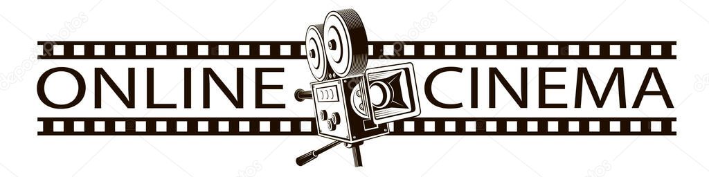 Online cinema poster with retro film camera isolated on white background