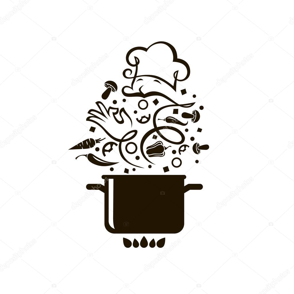 Cooking process of soup on saucepan isolated on white background