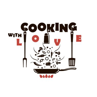 Mutfak aletleri ve kızartma tavasıyla beyaz arka planda izole edilmiş yemek tasarımı