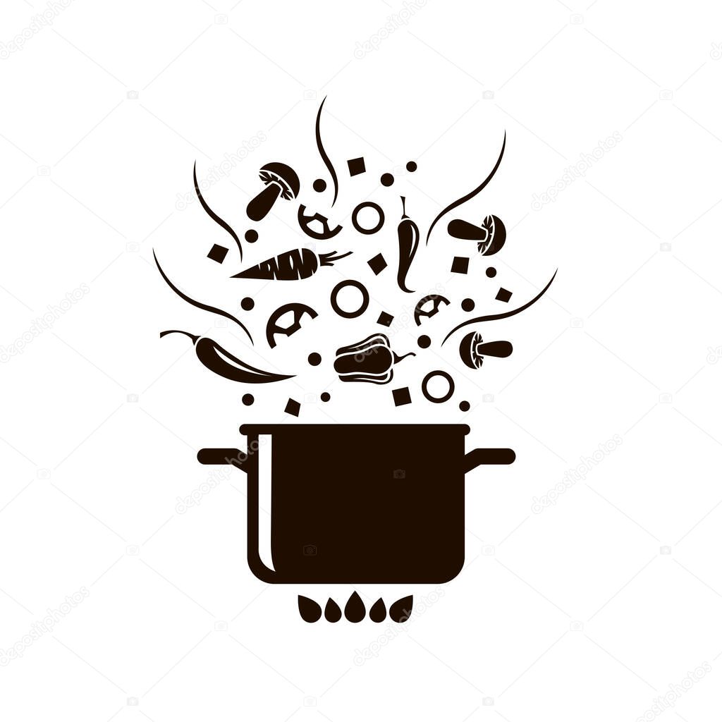 Cooking process of soup on saucepan isolated on white background