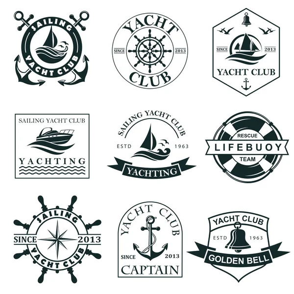 Collection Yacht Club Labels Sea Waves Anchor Helm Lifebuoy Isolated — Stock Vector