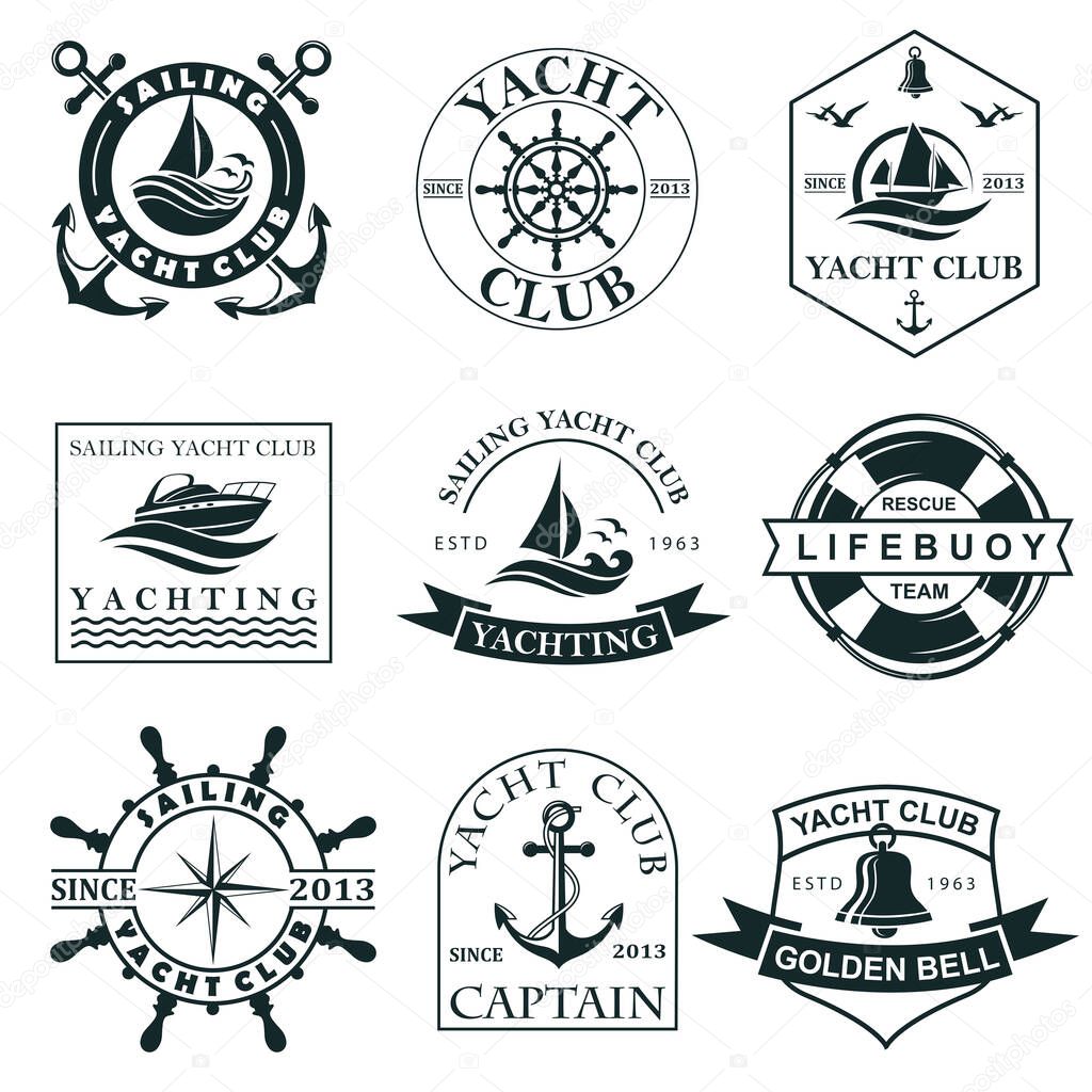 Collection of yacht club labels with sea waves, anchor, helm and lifebuoy isolated on white background