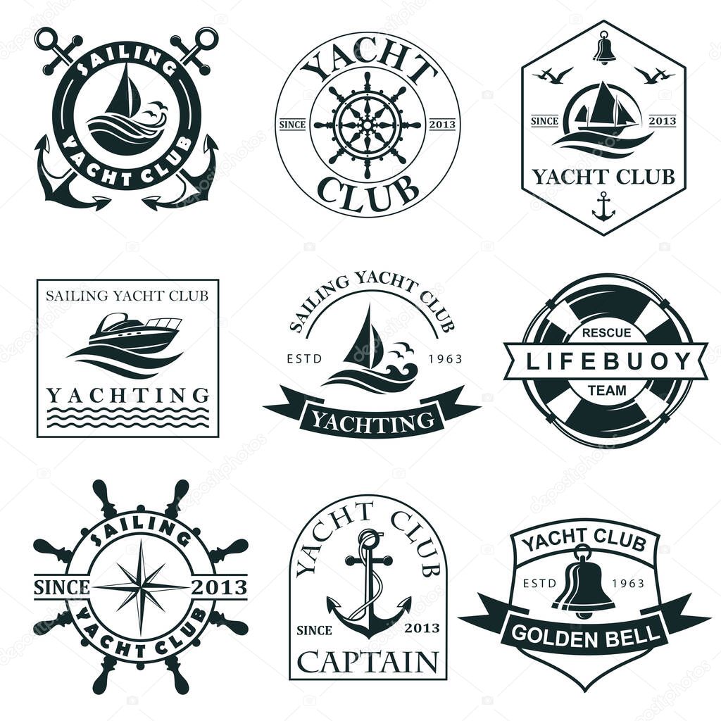 collection of yacht club labels with sea waves, anchor, helm and lifebuoy isolated on white background