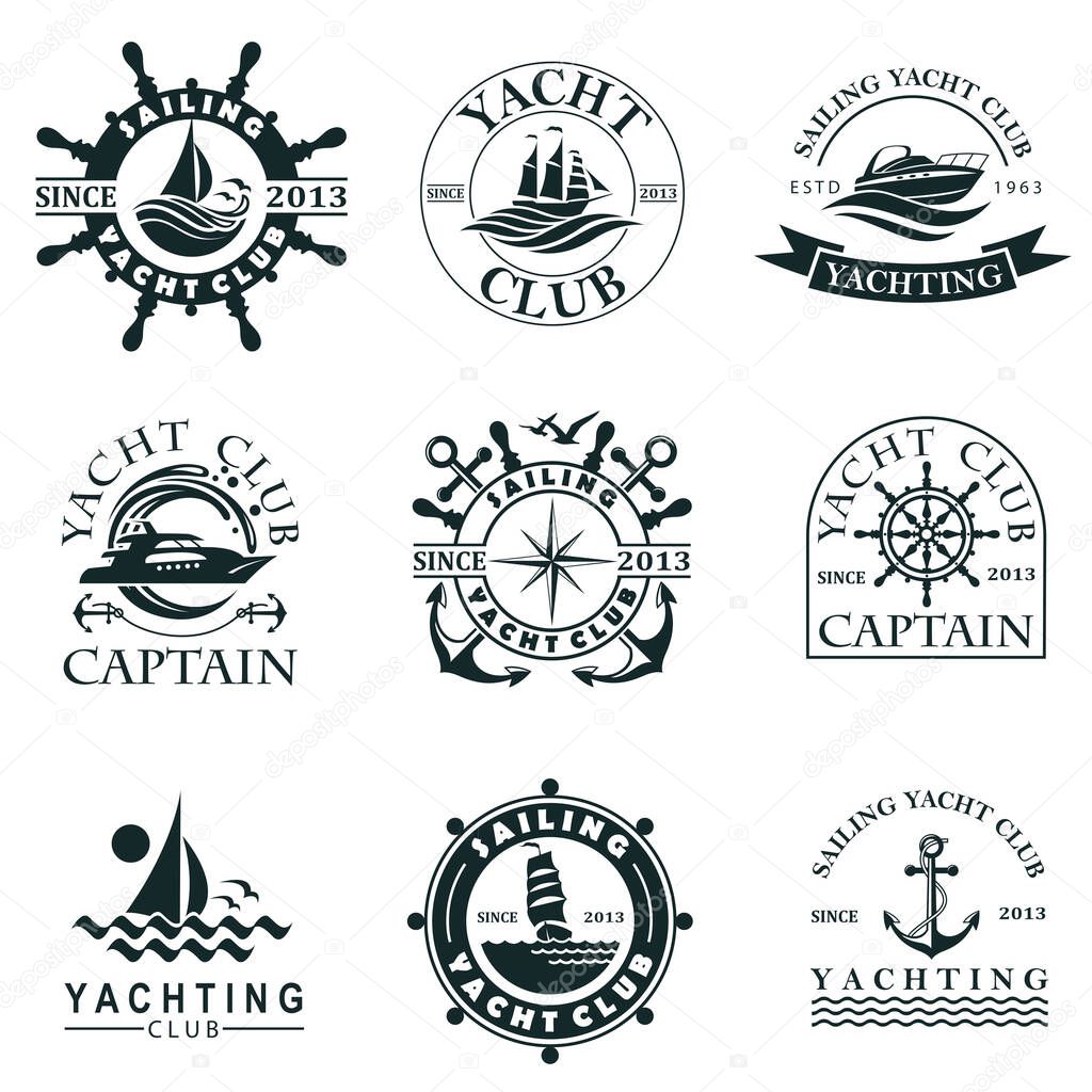 Collection of yacht club labels with sea waves, anchor and helm isolated on white background