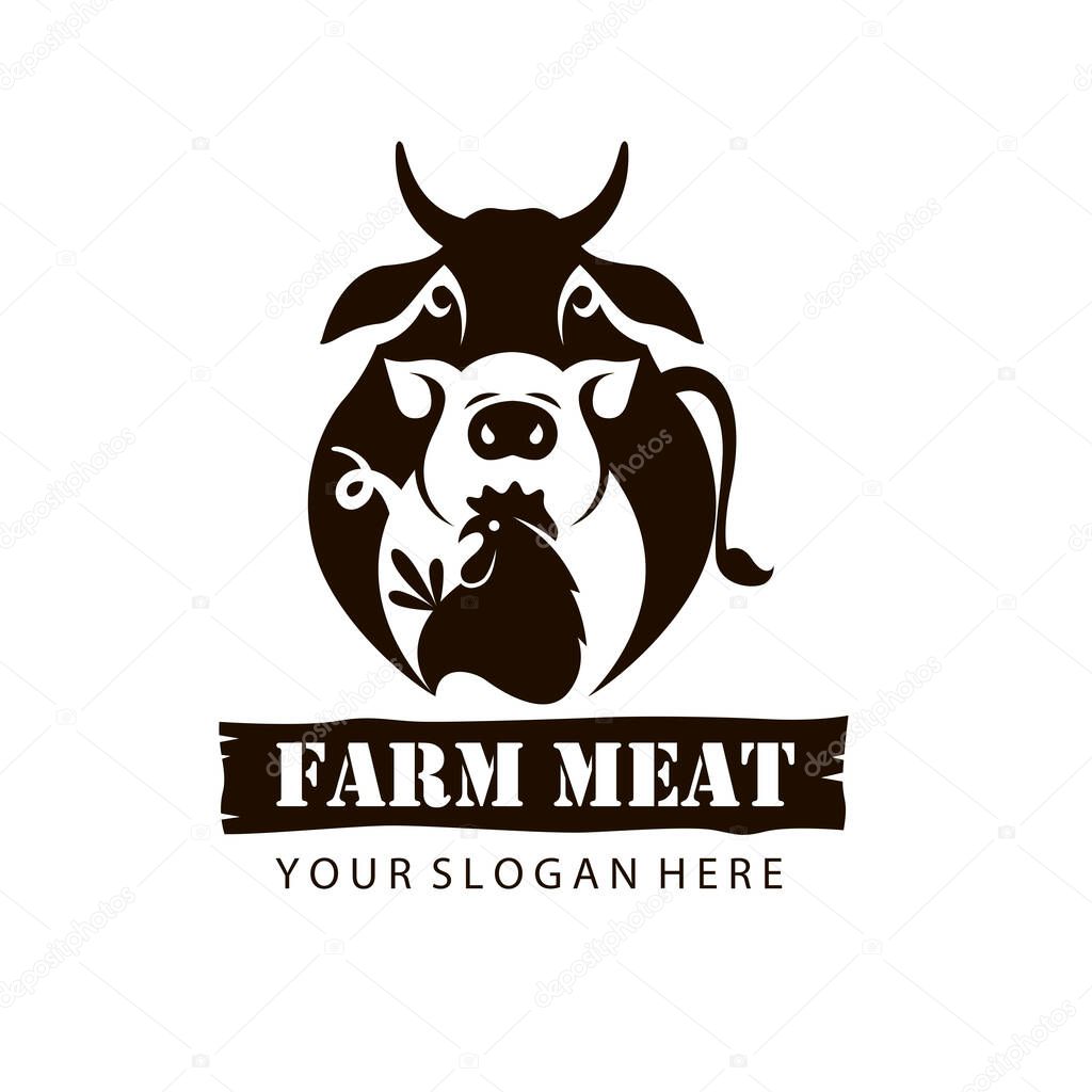 Monochrome label of farm animals cow, chicken and pig isolated on white background