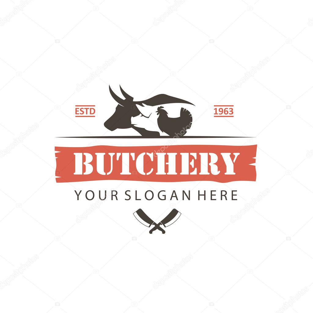 Label of farm animals cow, chicken and pig isolated on white background