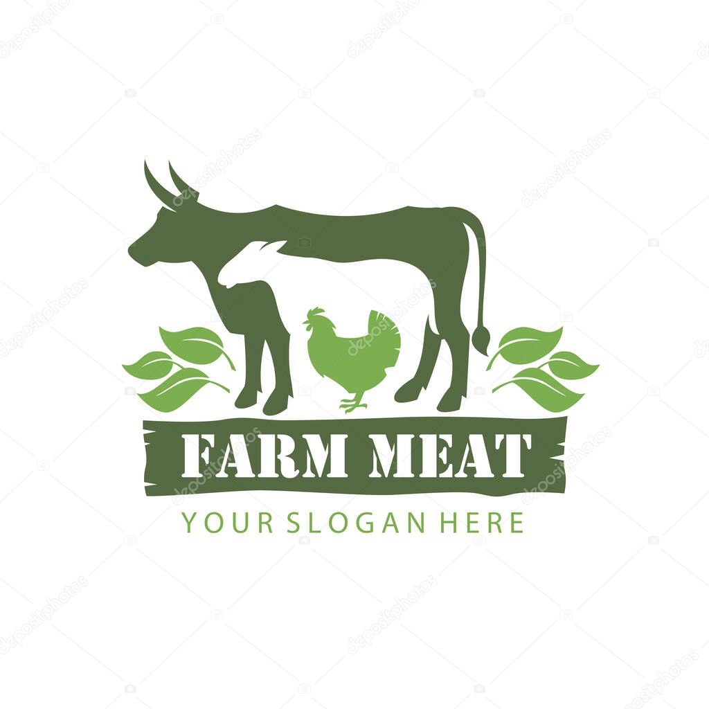 Label of farm animals cow, chicken and sheep isolated on white background