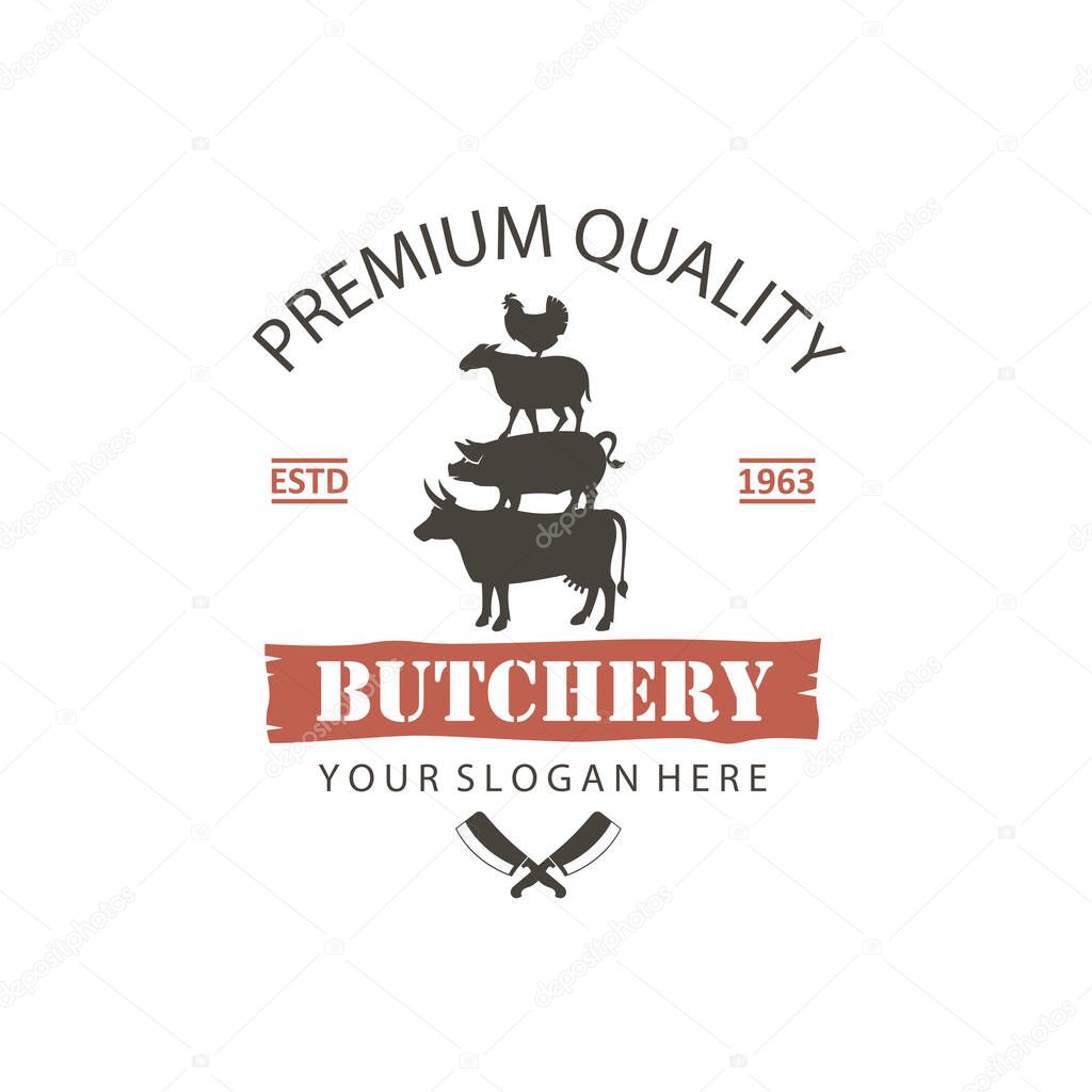 Label of farm animals cow, chicken, pig and sheep isolated on white background