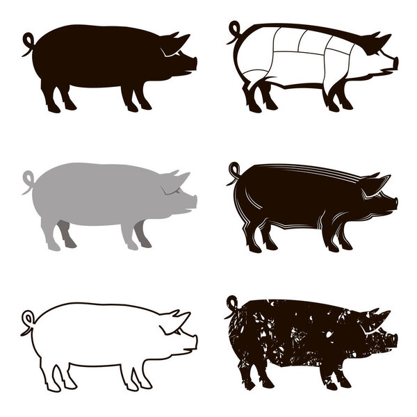monochrome collection with silhouettes of pig isolated on white background