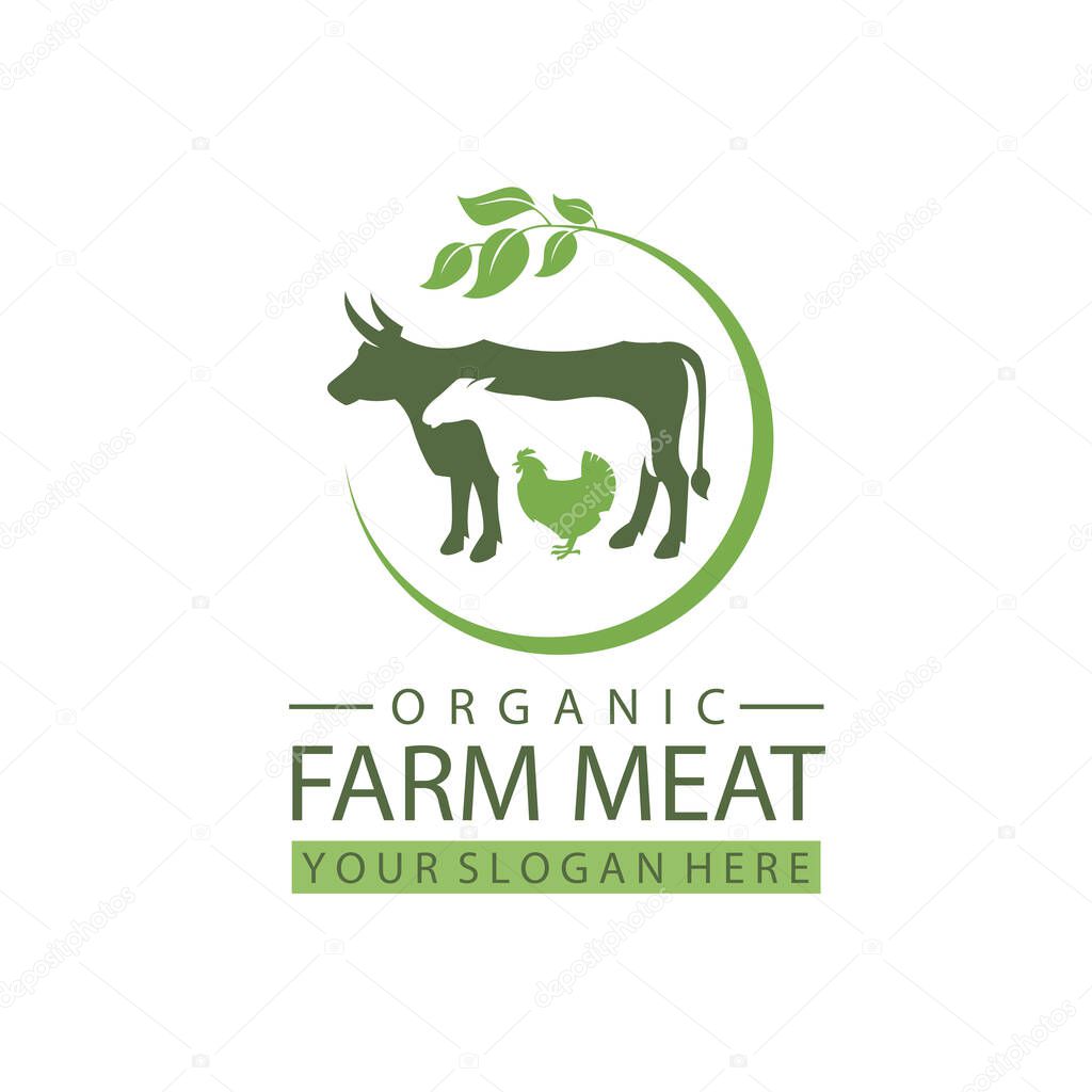 Label of farm animals cow, chicken and sheep isolated on white background