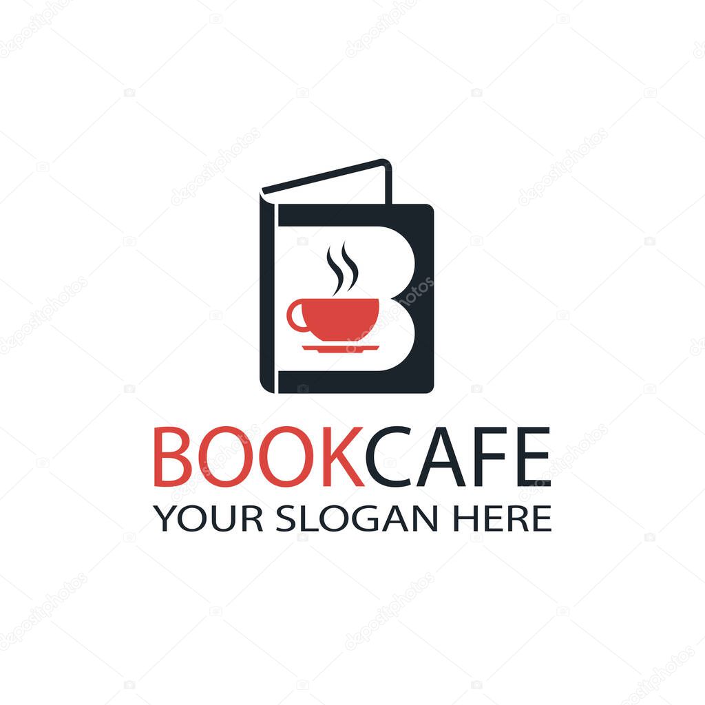 Literary cafe emblem with book and cup isolated on white background
