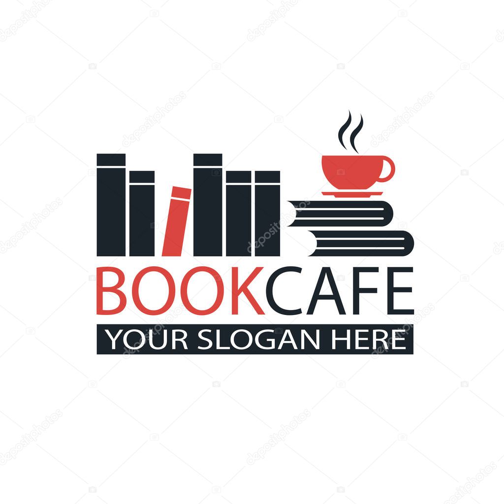 Literary cafe emblem with books and cup isolated on white background