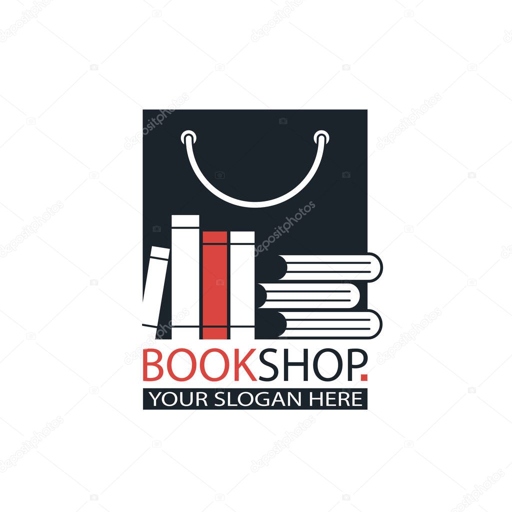 Book store emblem with books and package isolated on white background