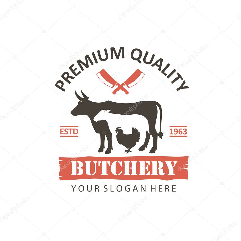 Label of farm animals cow, chicken and sheep isolated on white background