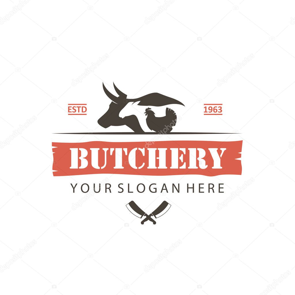 Label of farm animals cow, chicken and sheep isolated on white background