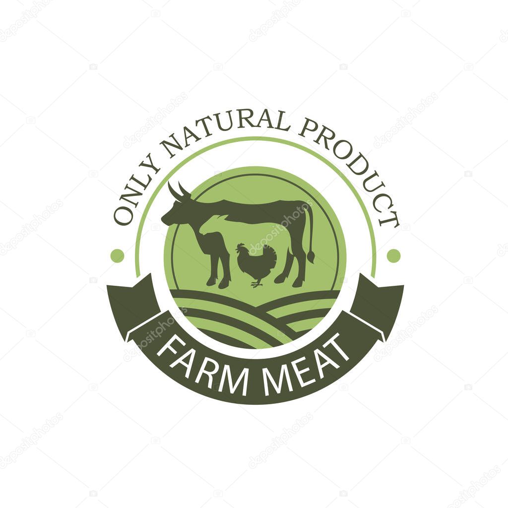 Label of farm animals cow, chicken and sheep isolated on white background
