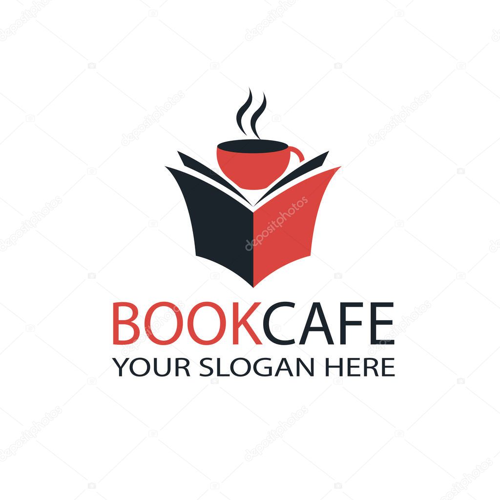 Literary cafe emblem with open book and cup isolated on white background