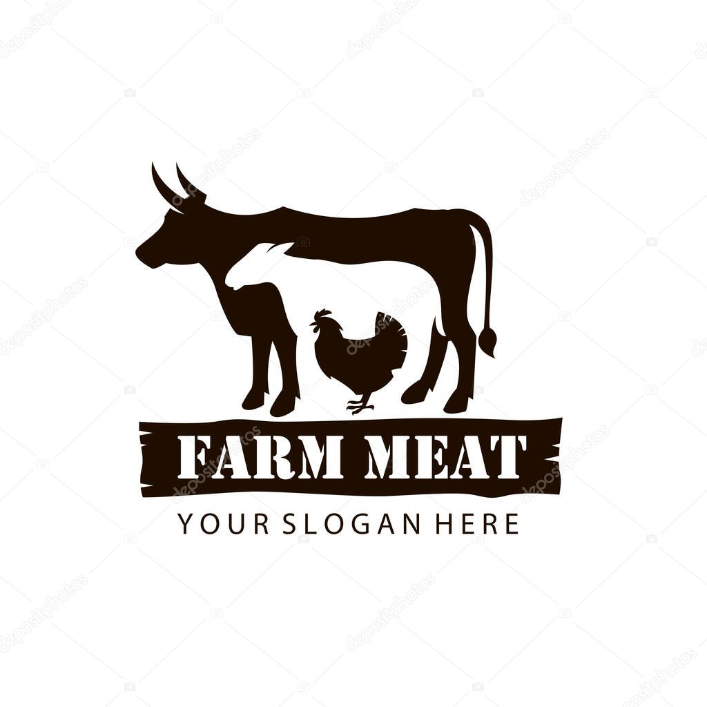 Label of farm animals cow, chicken and sheep isolated on white background