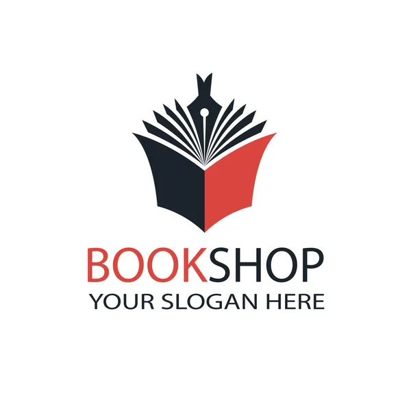 Emblema Librería Con Libro Abierto Pluma Aislada Sobre Fondo Blanco — Vector de stock