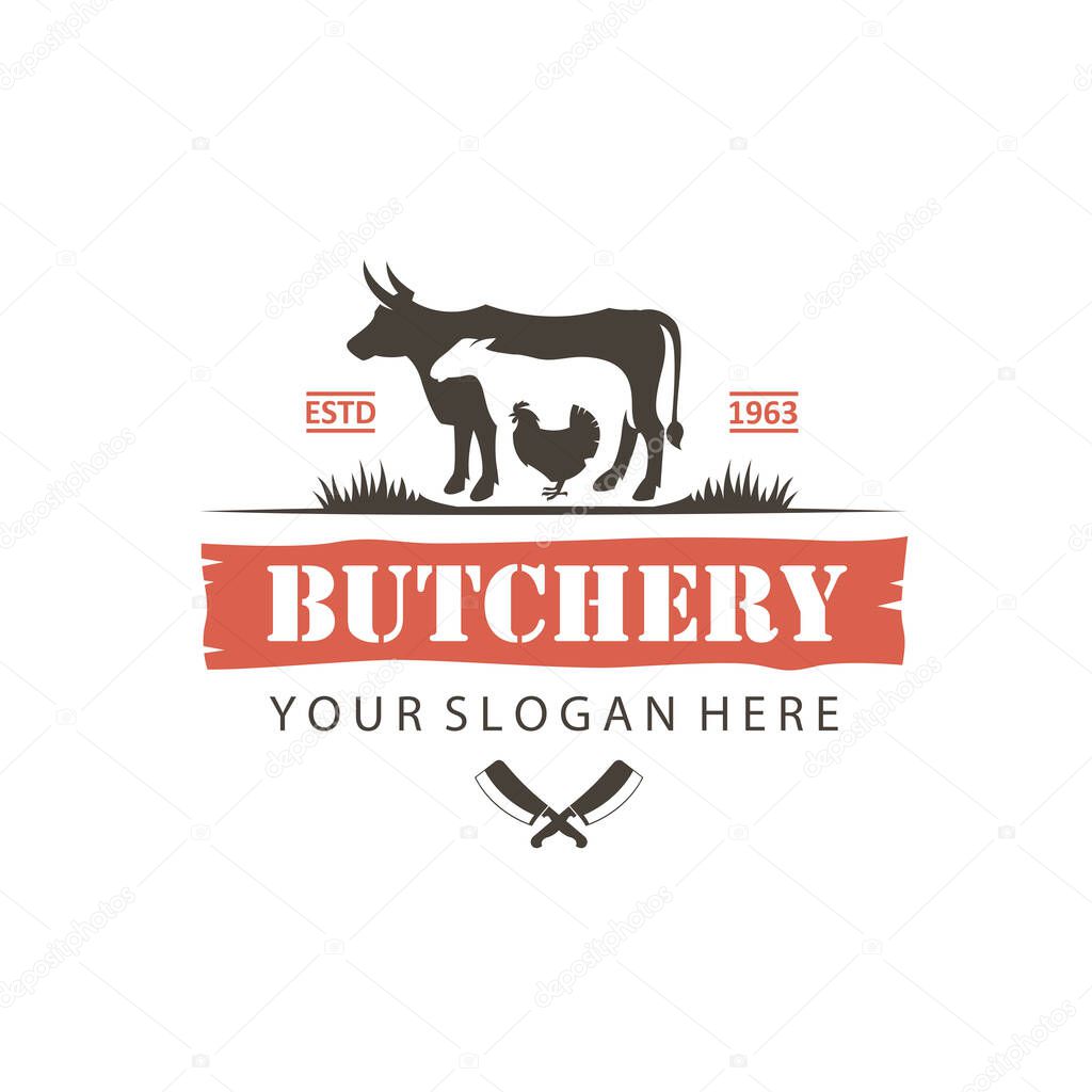 Label of farm animals cow, chicken and sheep isolated on white background