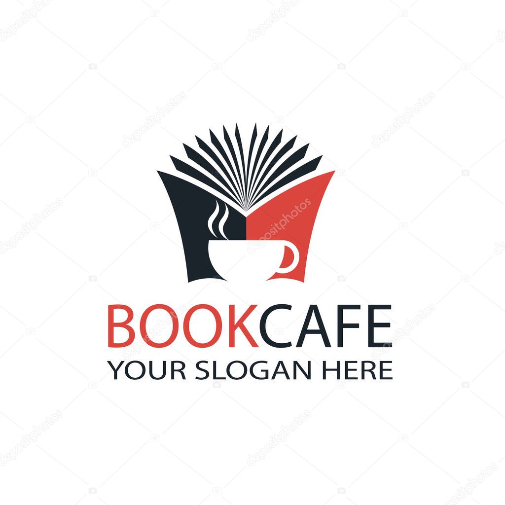 Literary cafe emblem with open book and cup isolated on white background