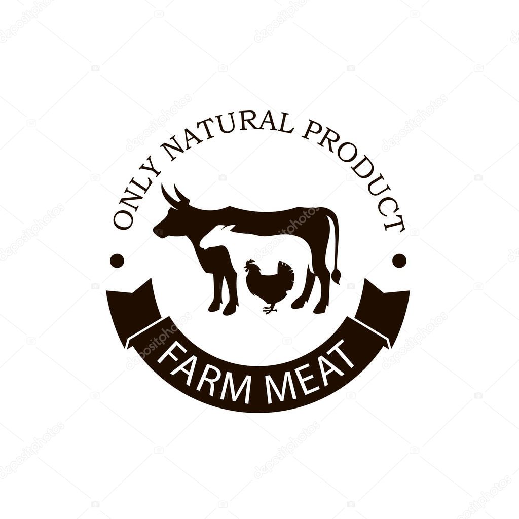 Label of farm animals cow, chicken and sheep isolated on white background