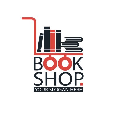 Beyaz arkaplanda izole kitap ve el arabalarıyla amblem