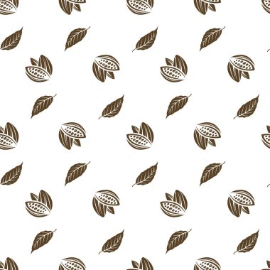 Kakao çekirdeğinin kusursuz deseni ve beyaz arka planda yapraklar
